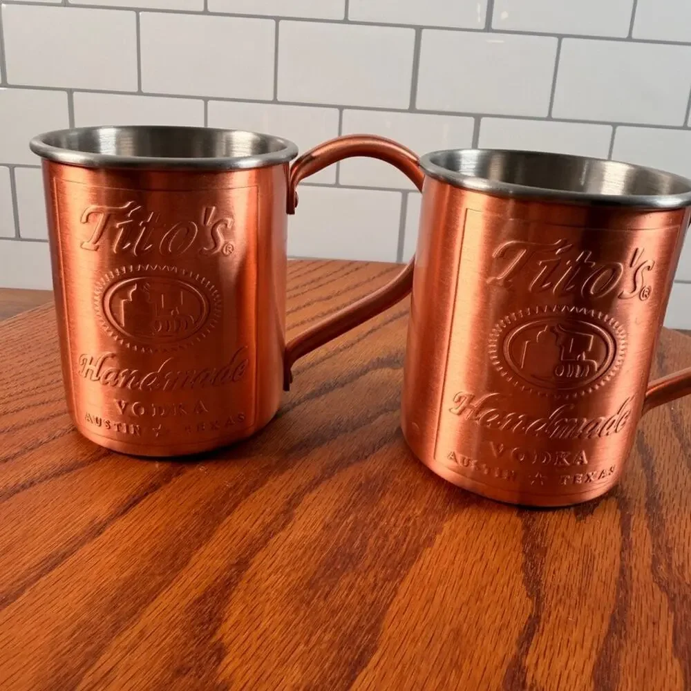 Pair of Tito's Handmade Vodka Copper Moscow Mule Mugs Lined 12oz